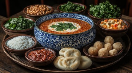 Fototapeta premium Wooden tray displaying Indian lentil soup with accompaniments, including rice, chutneys, and bread; restaurant setting