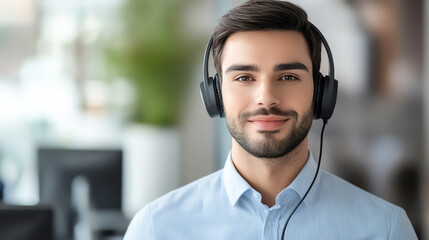 Professional support agent providing excellent customer service, looking at the camera with a headset, soft ring light creating even skin tones