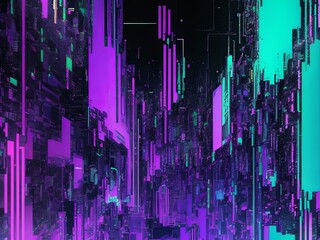 Abstract glitch texture with chaotic digital noise, torn pixels, bright neon colors 
