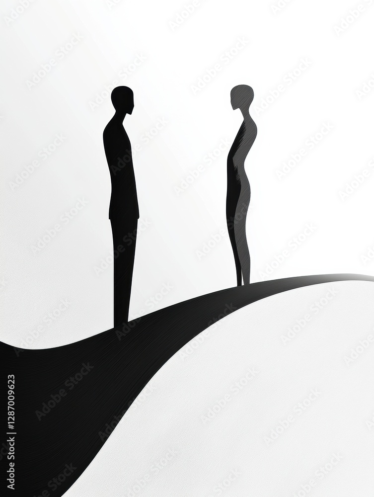 Aufkleber Two abstract figures standing on a curved line against a light background representing connection and interaction. Generative AI