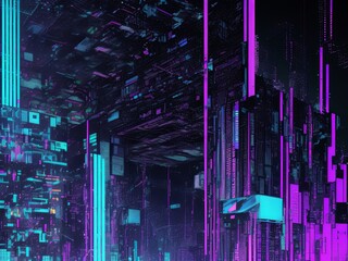 Abstract glitch texture with chaotic digital noise, torn pixels, bright neon colors 