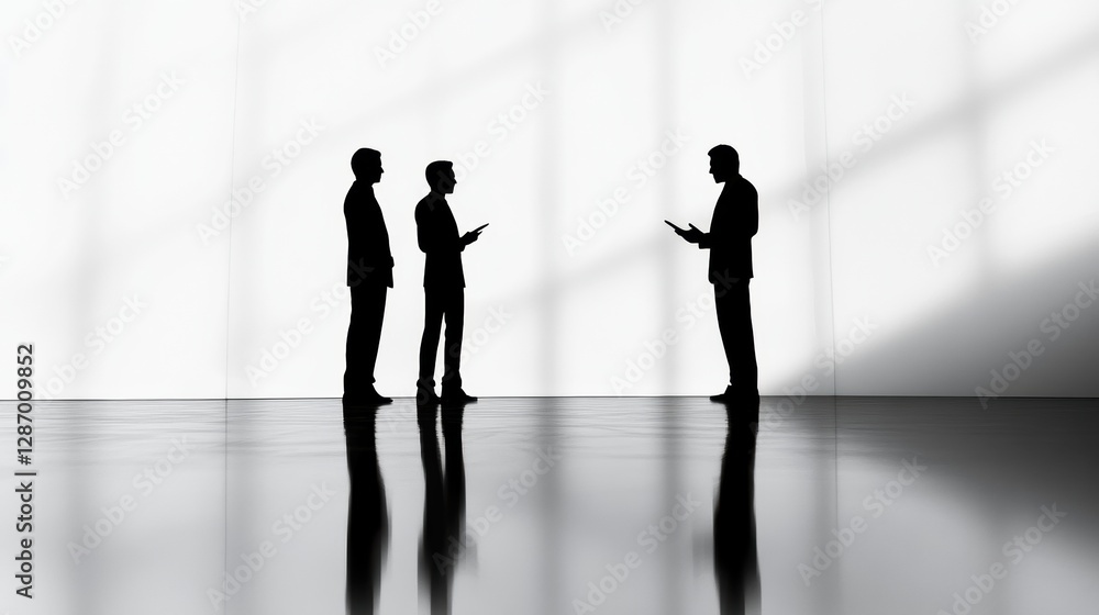 Poster group of business professionals discussing ideas in a modern office setting with natural light durin