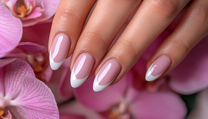 Stylish trendy female manicure. Beautiful young woman's hands on pink orchid background