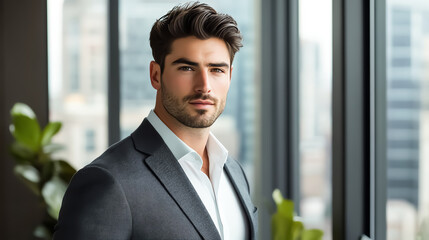 Fototapeta premium confident businessman in a modern office, wearing a tailored suit, standing near a window with a cityscape background, soft natural lighting