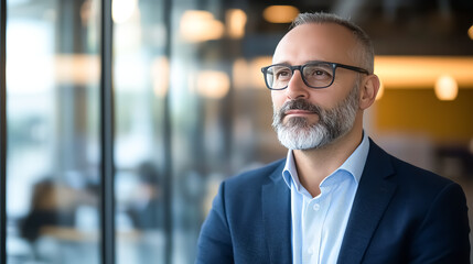 Fototapeta premium Corporate leader near a glass conference room, gazing outward, modern executive energy, soft focus on surroundings
