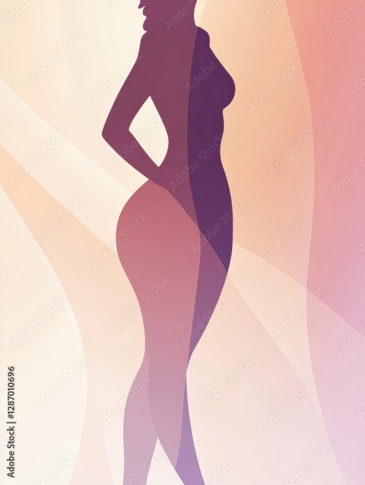 Poster minimalist illustration of a slim female silhouette showcasing a highlighted waistline against a sof