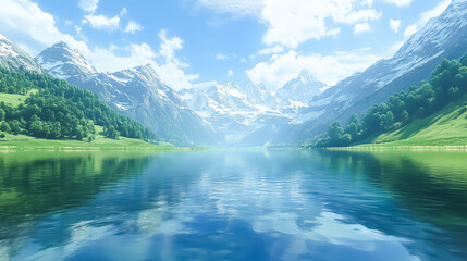 Majestic Swiss Alps under a clear blue sky, snowcapped peaks towering over lush green valleys, a pristine lake reflecting the breathtaking scenery