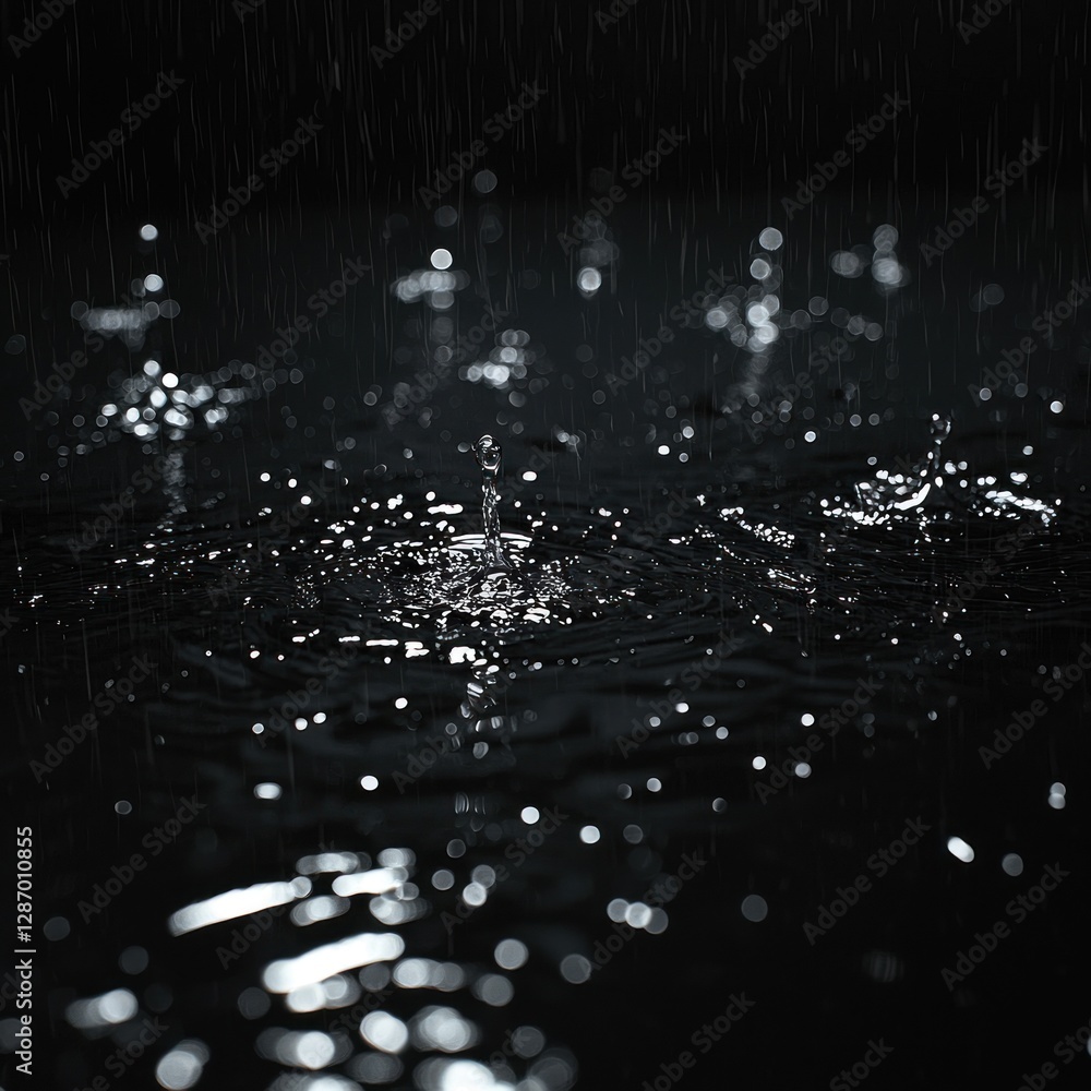 Poster rain falling on dark surface creating splashes and bokeh effects