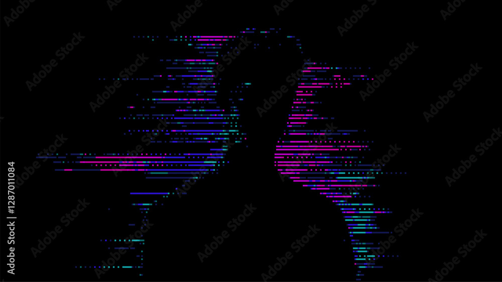 Poster digital glitch pixel art of a silhouette. black background. human figure. glitching 8-bit video game