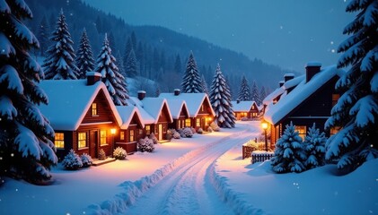 Naklejka premium Sweeping view of snow-covered Christmas village, twinkling lights , celebration, decorations