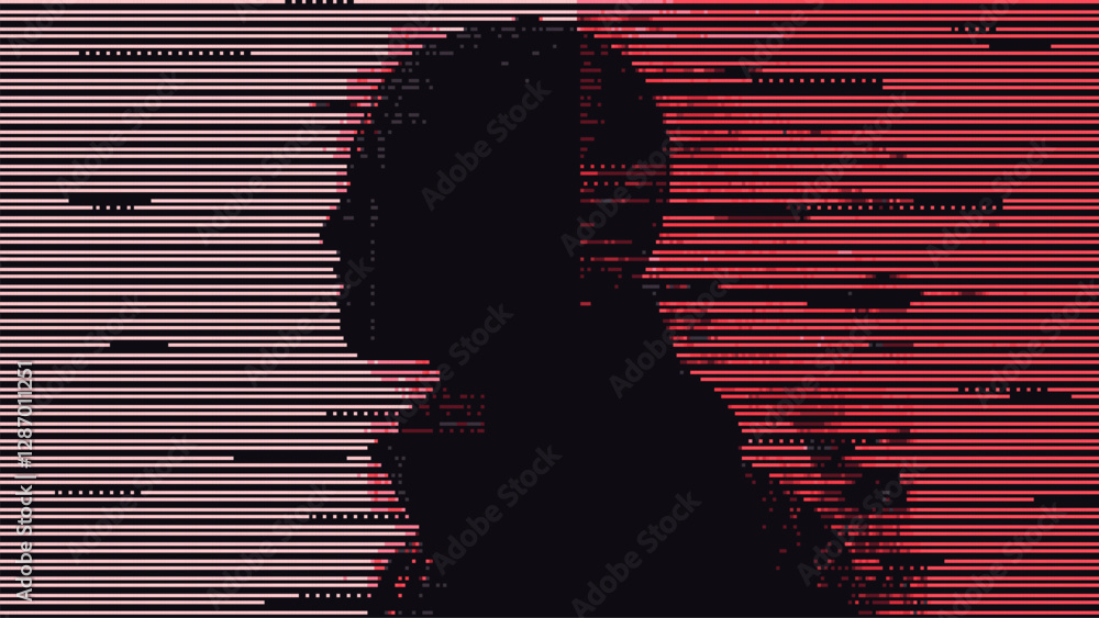 Aufkleber vector graphic design of a silhouette human head. glitch pixelated background. horizontal lines of c