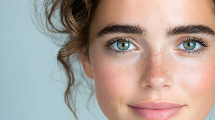 Fototapeta premium Woman's face, close-up, freckles, green eyes, beauty