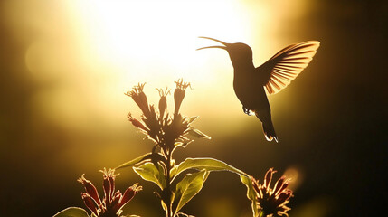 Obraz premium A silhouetted hummingbird feeding on a wildflower against golden sunlight, capturing the beauty of nature at sunset