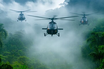 Helicopters flying low over dense jungle in the rain