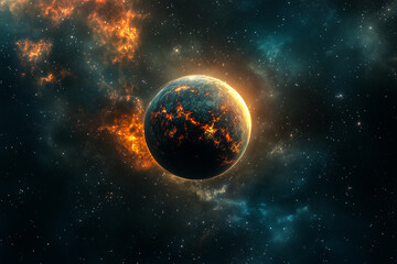 Obraz premium mysterious alien planet in dark space, surrounded by distant stars and cosmic dust, futuristic and science fiction landscape, concept of astronomy, space exploration, sci fi design