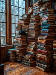 Obraz premium Stacked Antique Books Near Window with Headphone Adding Cozy Intellectual Feel