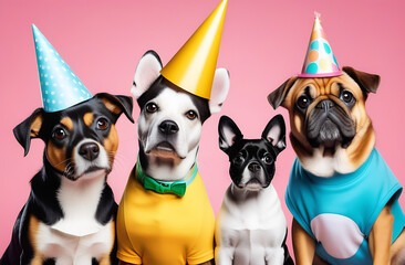 Group of dogs in funky wild colourful outfits, birthday party 
