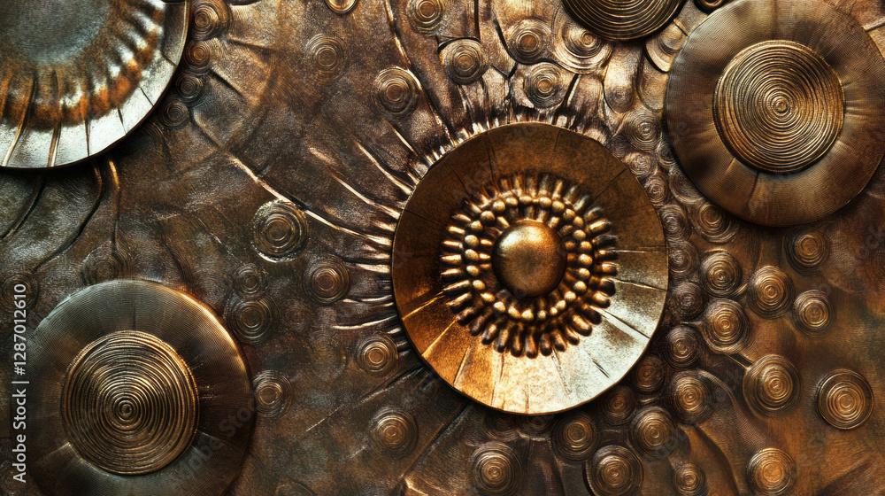 Poster circular bronze patterns with intricate textures and light reflections