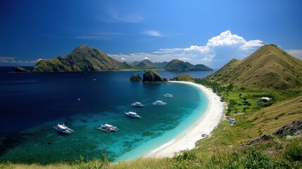 Fototapeta premium Tropical Island Beach with Boats and Clear Turquoise Water Landscape