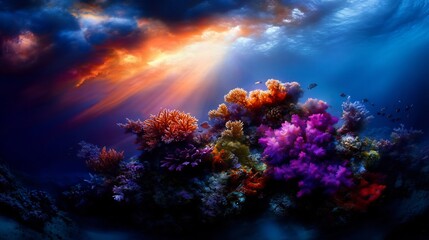 Fototapeta premium Vibrant Coral Reef Underwater with Sunlight Rays and Diverse Marine Life