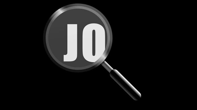 Magnifying glass moving over job search text isolated on black and green background. Job search concept video.