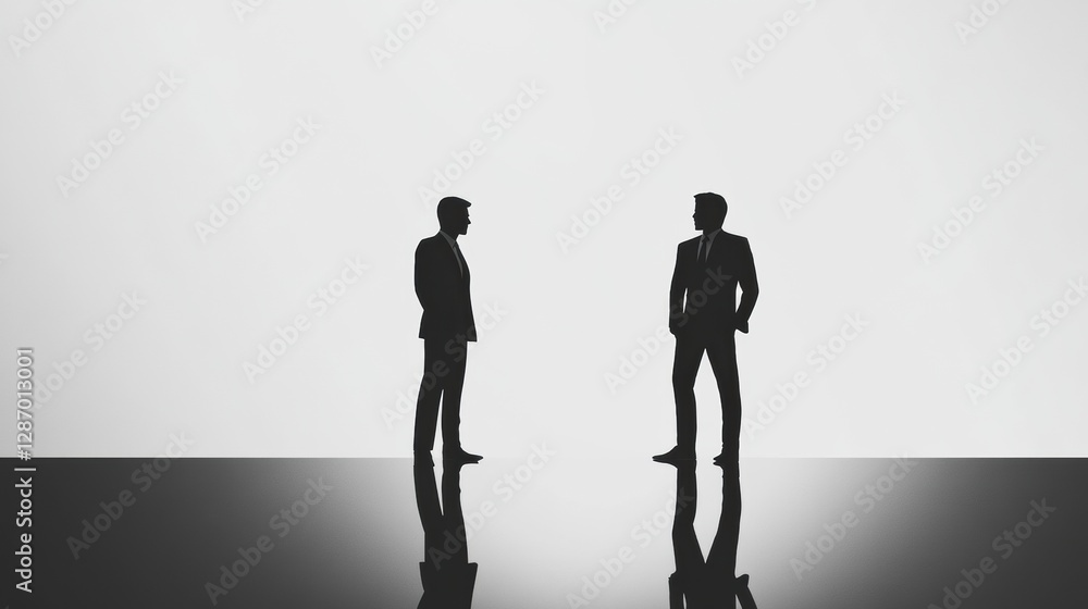 Poster two professionals engaging in discussion in a minimalist office setting during daylight hours. gener