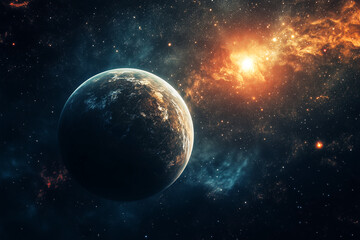 Fototapeta premium mysterious alien planet in dark space, surrounded by distant stars and cosmic dust, futuristic and science fiction landscape, concept of astronomy, space exploration, sci fi design