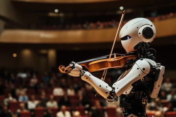 Naklejka premium Robotic musician captivates audience with a stunning violin performance in an ornate concert hall