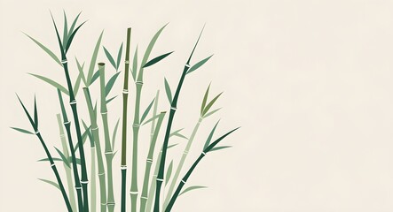 Obraz premium Illustration of green bamboo shoots on light cream background, with copy space.