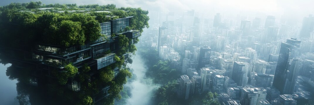 Skyscraper megastructure suspended above futuristic city, integrating vertical gardens, rooftop parks, autonomous transport systems, illuminated by neon accents dusk, modern urban utopia