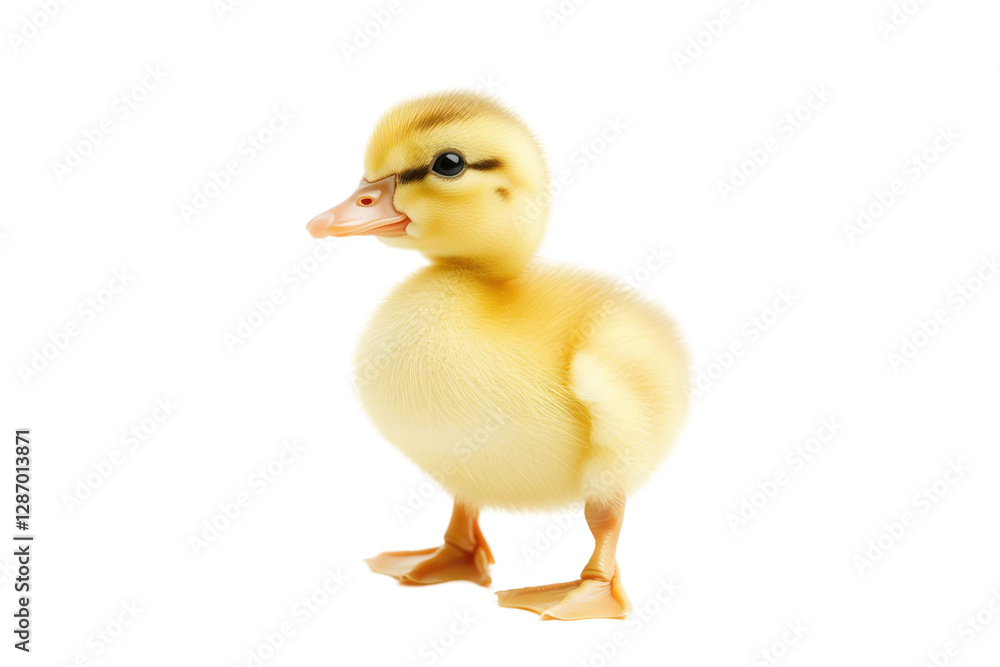Poster close-up of adorable fluffy yellow duckling on a transparent background displaying detailed feathers