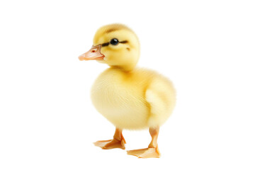Fototapeta premium Close-up of adorable fluffy yellow duckling on a transparent background displaying detailed feathers and expressive eyes. The image features a well-lit studio shot of a young bird
