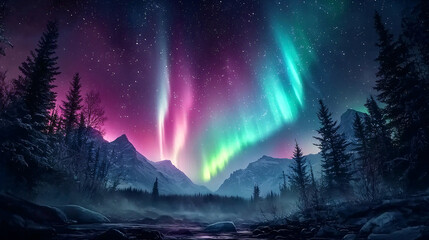 Obraz premium Northern lights over a mountainous landscape, vibrant aurora borealis reflecting on a lake, stunning Arctic night sky, celestial phenomenon, winter scenery