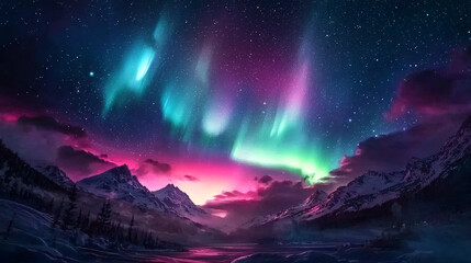 Obraz premium Northern lights over a mountainous landscape, vibrant aurora borealis reflecting on a lake, stunning Arctic night sky, celestial phenomenon, winter scenery