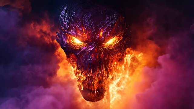 Infernal Apparition, A Fiery Skull Emerges from Ethereal Smoke and Flames