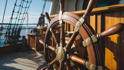 Nautical vessel's helm: a weathered, wooden wheel on the deck of a sailing ship, against a scenic ocean backdrop.