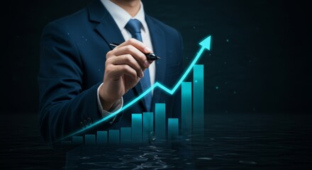 Projecting Success, Businessman Visualizing Growth with Teal Data Graph
