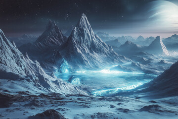 frozen alien world with sharp ice mountains, glowing cracks, a frozen ocean and a giant distant planet reflecting soft light, concept of sci fi, space exploration, fantasy