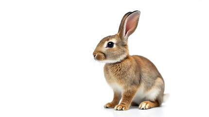 Fototapeta premium Cute brown rabbit sitting on a white background with attentive expression and perked ears