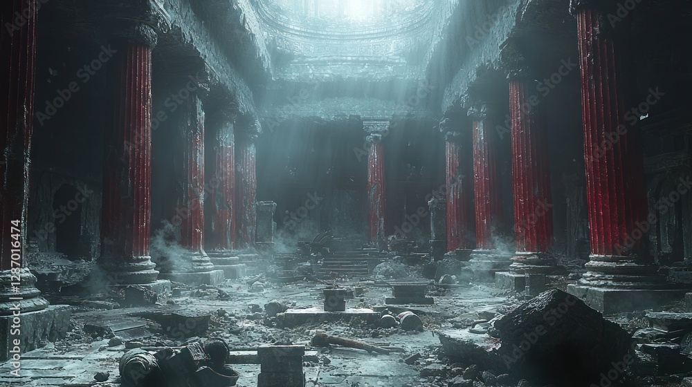 Poster exploring ancient ruins hallway with red columns and misty lighting