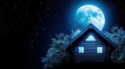 Fototapeta premium Log Cabin Under the Moonlight with Starry Night Sky