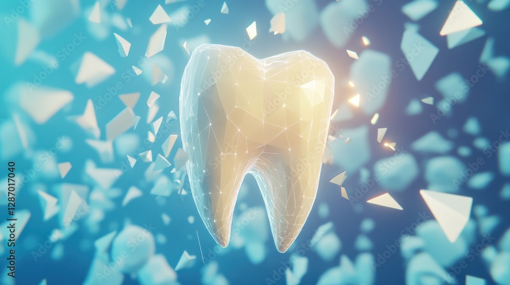 Poster polygonal tooth with fragments floating against a gradient blue background