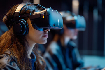 Concept for futuristic virtual classroom learning showing young students with VR glasses