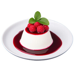 Delicious panna cotta dessert with raspberries and mint leaves topping