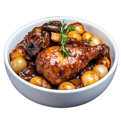Delicious braised chicken with mushrooms and potatoes in a bowl