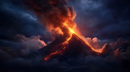 Volcanic Mountain Eruption With Molten Lava Spewing Under Cloudy Atmosphere Night