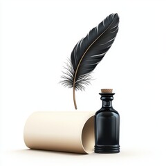 Feather quill and ink bottle isolated on white background