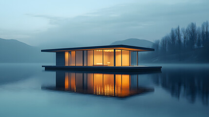 A minimalist home floating on a mirror-like lake with walls made of glowing translucent material.