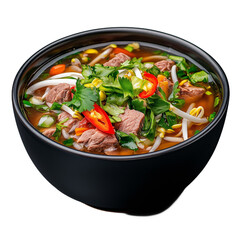 Delicious bowl of beef pho soup with fresh herbs and vegetables