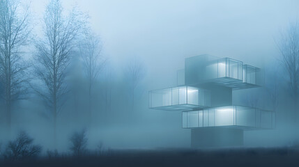 A minimalist house designed from stacked transparent cubes hovering in a foggy landscape.